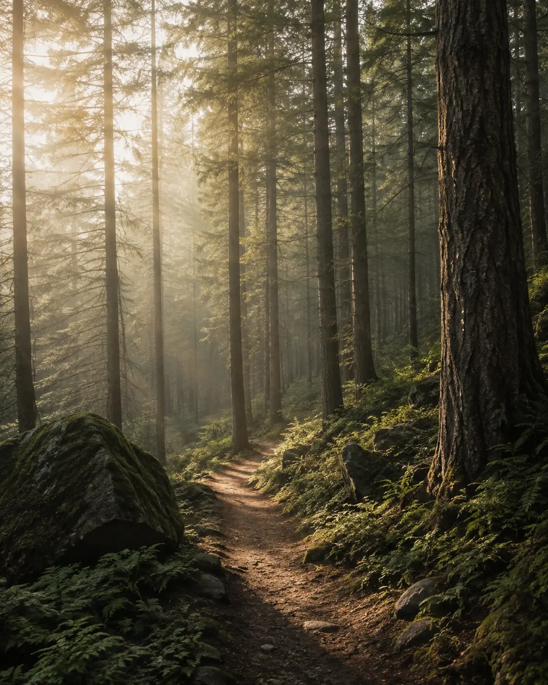 A narrow trail through tall timber with light coming through the trees