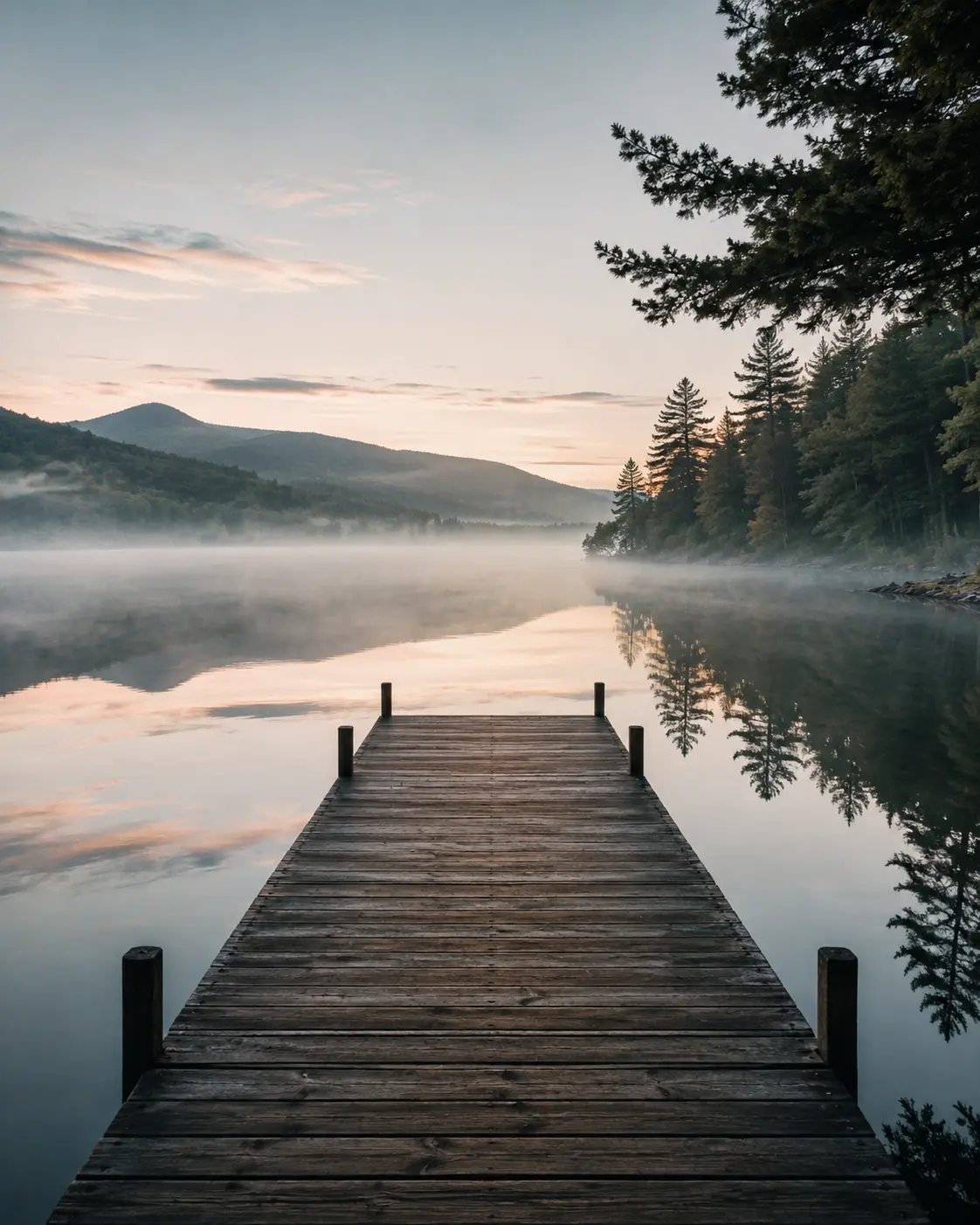 A weathered wooden dock reaching out over still water at first light
