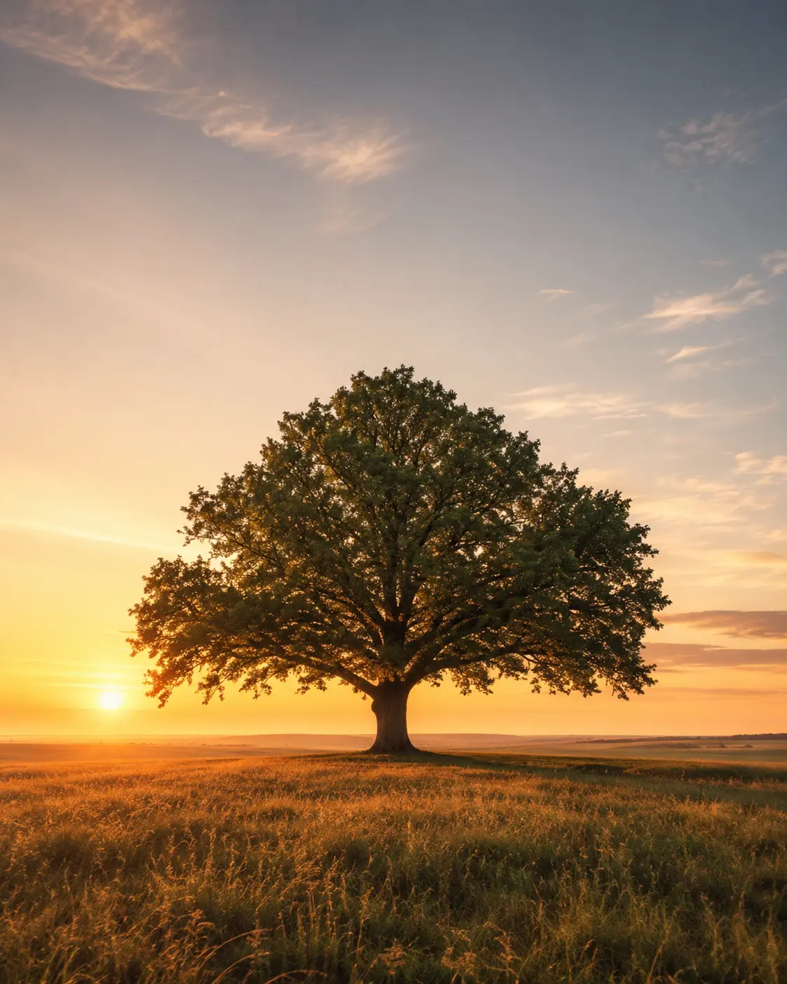 A single broad oak standing alone in an open field at sunset