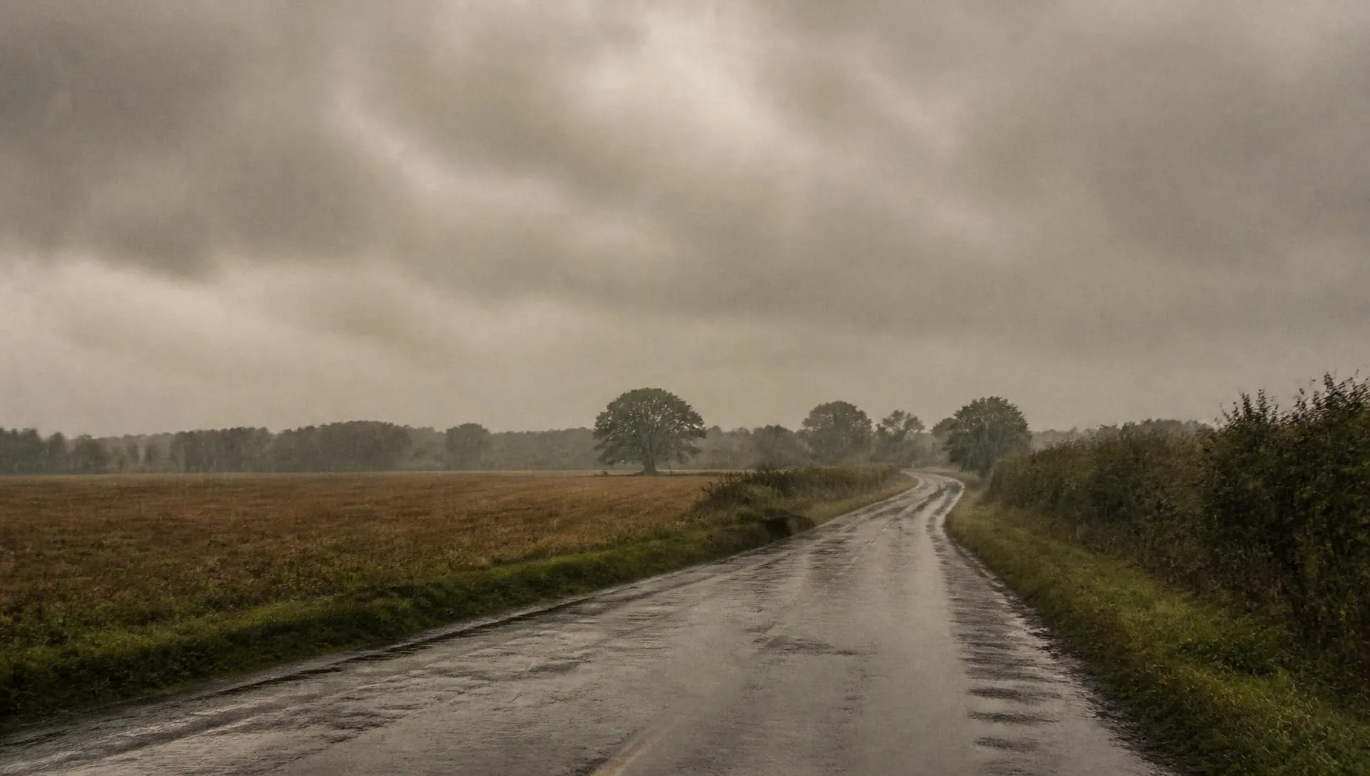 Rain moving across an empty road under heavy cloud