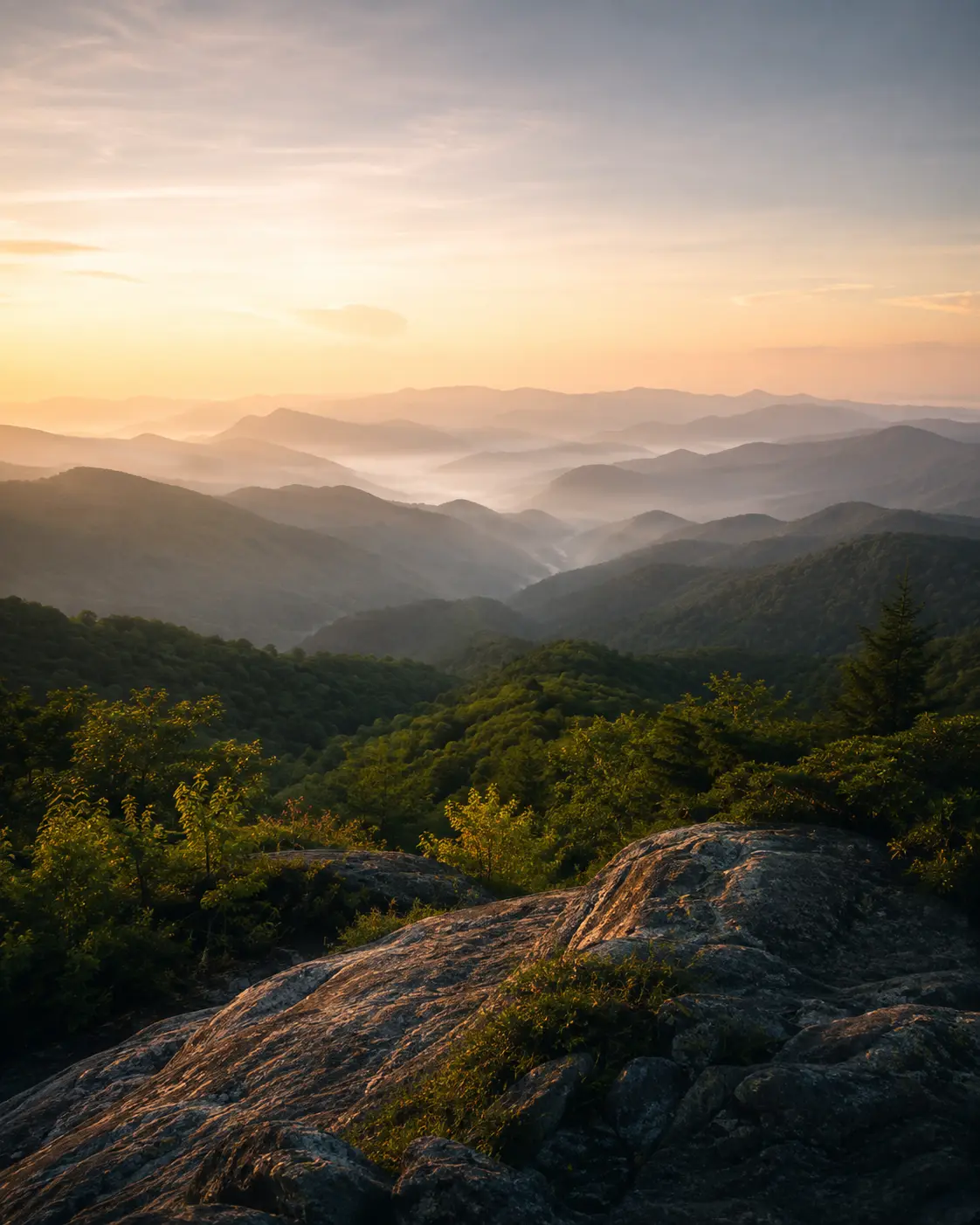 Ridgelines fading into morning haze