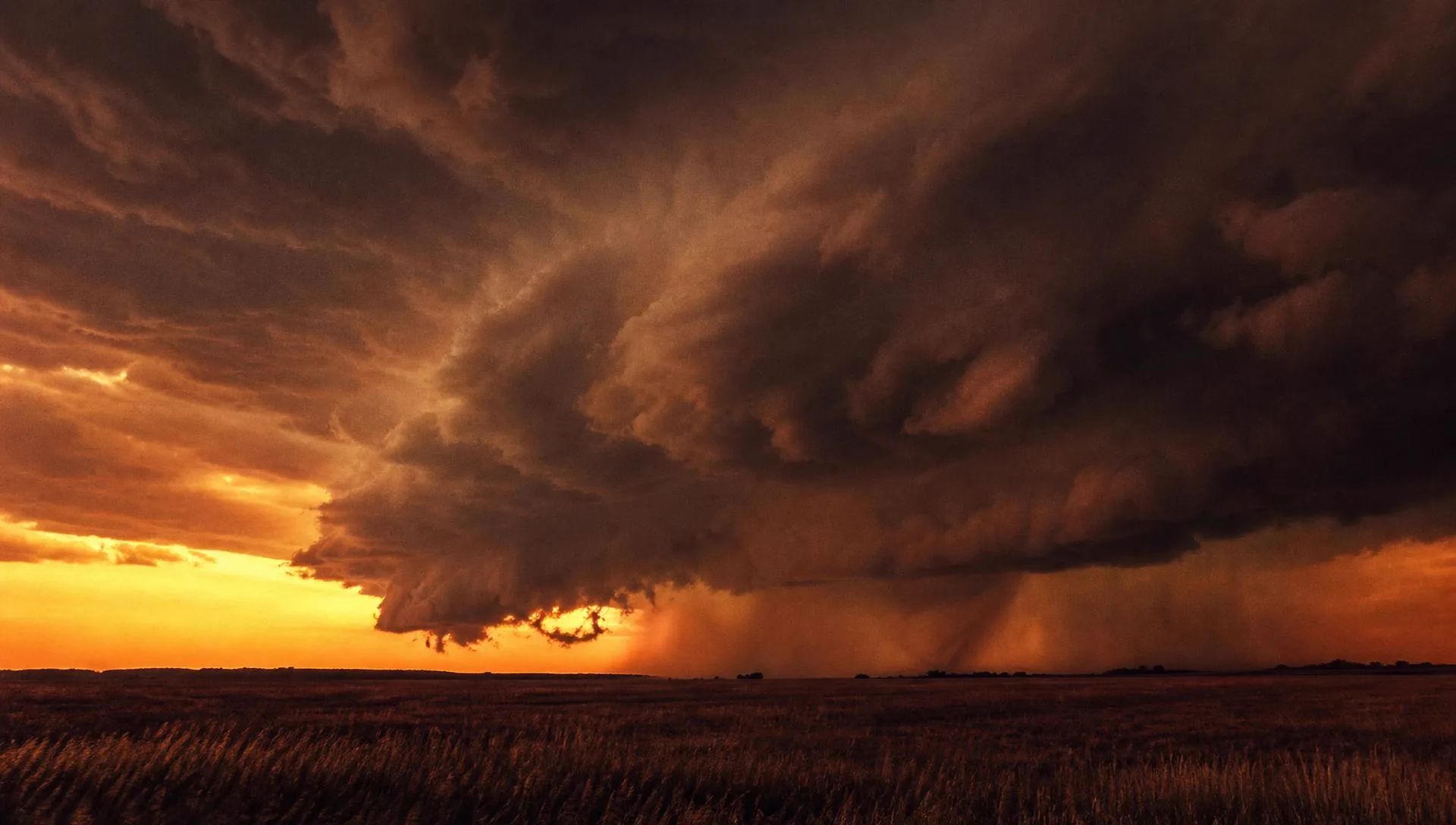 A towering storm cell building over flat open farmland at sunset