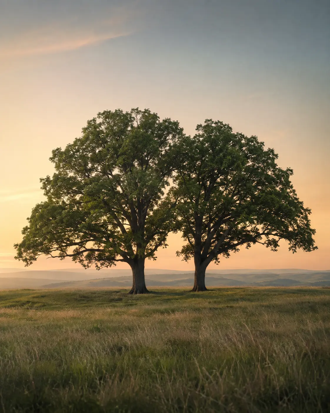 Two mature oaks standing side by side on an open horizon