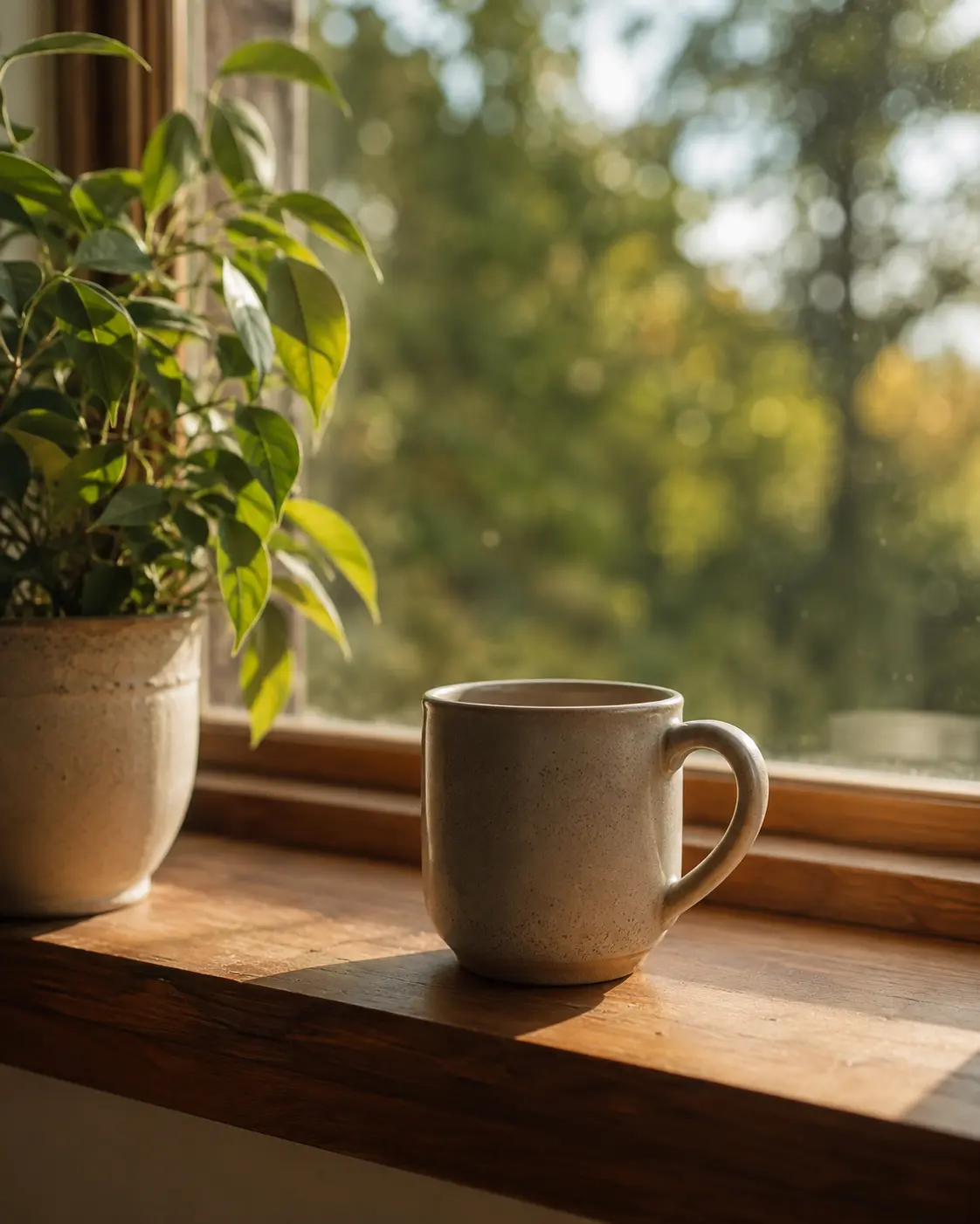 A mug resting on a wooden windowsill beside a plant